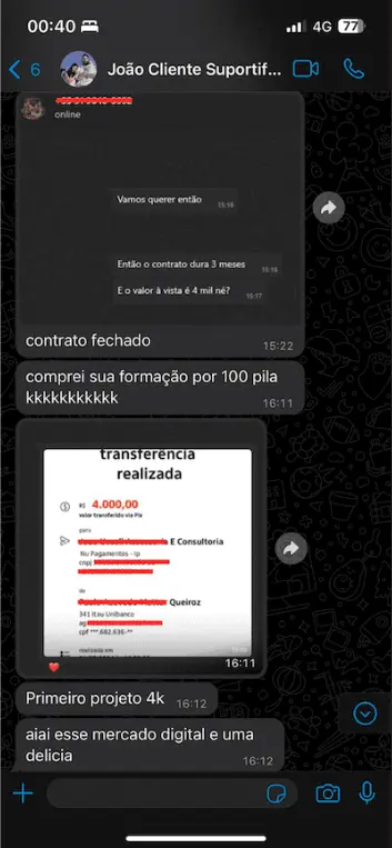 Print da conversa: contrato fechado e transferência de R$4.000 via Pix