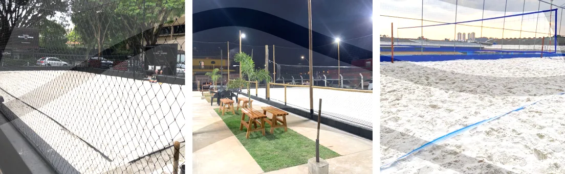 Quadras de areia ao ar livre e cobertas para esportes como beach tennis
